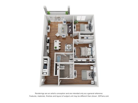 A 3D floor plan of a house with a kitchen, living room, and bedrooms.